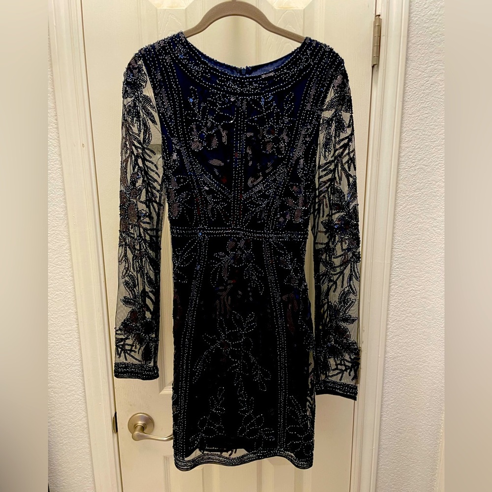 GB Navy Long Sleeve Sequin Beaded Cocktail Dress